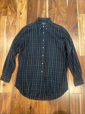 Ralph Lauren Polo Navy Plaid Button-Down Shirt with Red, Yellow & Green Stripes